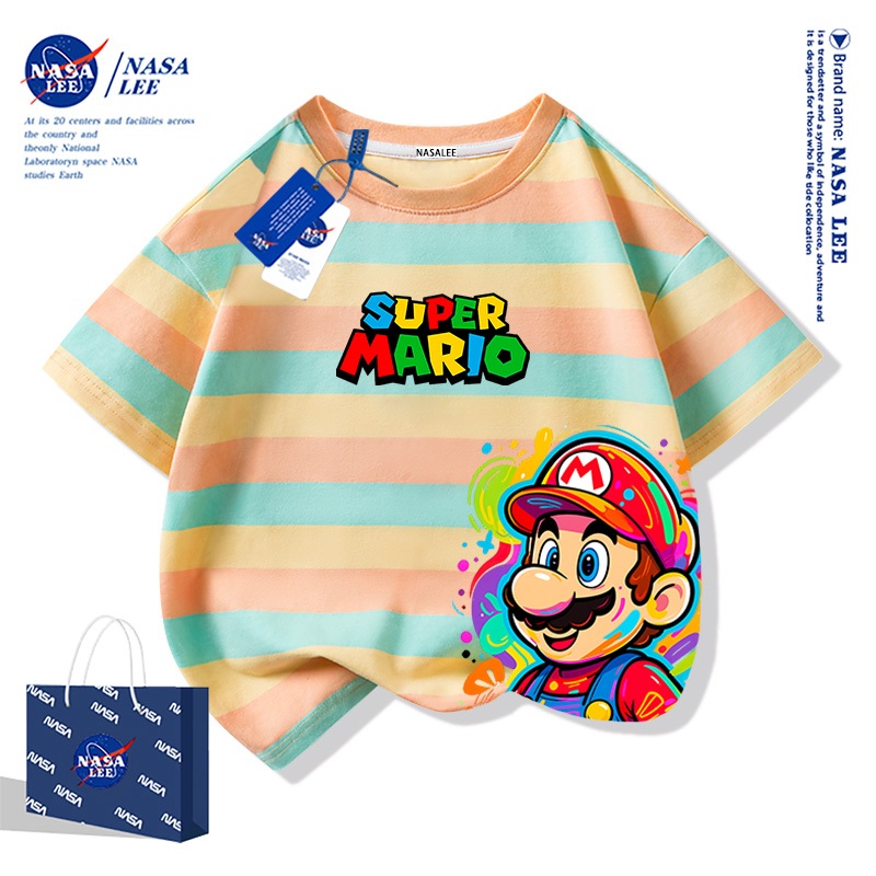【สินค้าพร้อมส่ง】เสื้อยืดเด็ก NASA ลายทางสีเหลือง-น้ำเงิน ทำจากผ้าฝ้าย 100% นุ่มสบาย พิมพ์ลายตัวการ์ตูนมาริโอ (Super Mario)ไซส์โอเวอร์ไซส์ ใส่สบาย ตามเทรนด์แฟชั่น