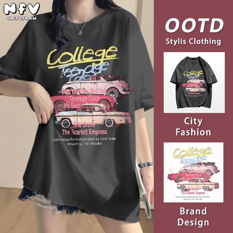 NFV สไตล์เกาหลี✨เสื้อยืดแขนสั้นคอกลม hip-hop ลายรถแข่ง ใส่สบายไม่รัดตัว ระบายอากาศ ผ้าฝ้ายแท้ YG172