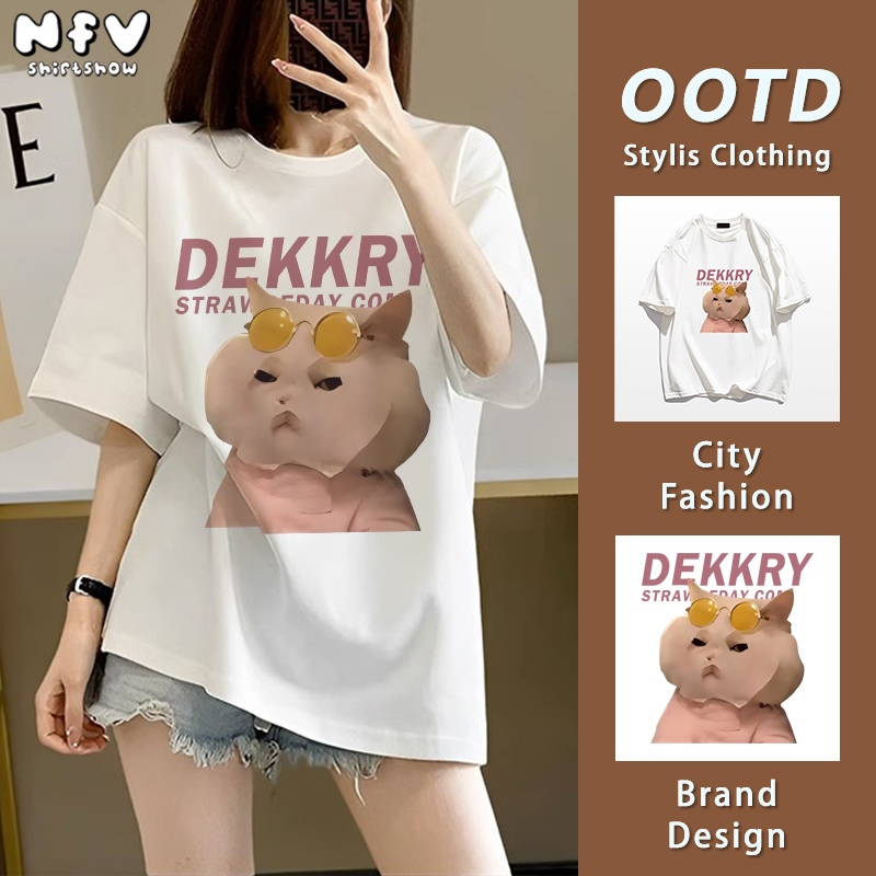 NFV เสื้อยืดแขนสั้นคอกลม💕สไตล์เกาหลี ลายแมวน่ารัก ทรงหลวม ระบายอากาศ ผ้าคอตตอน ใส่สบาย 100% YG666