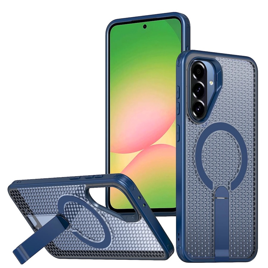 SAMSUNG การกระจายความร้อนเคสโทรศัพท์สําหรับSamsung A57 A37 A06 A07 A16 A17 A26 A36 A56 A14 A15 A05 A05s A25 A35 A55 5Gพับขาตั้งแม่เหล็กชาร์จไร้สายBreathable Cover