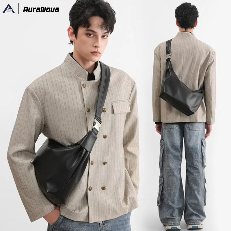 AURVO กระเป๋าสะพายข้างผู้ชายเจี้ยนสิงหนังนิ่มถนนชายแฟชั่นสไตล์ขี้เกียจความจุขนาดใหญ่กระเป๋าสะพายข้างกระเป๋าสะพายข้าง