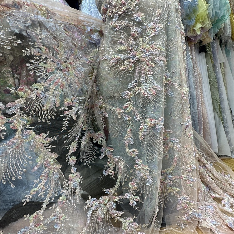 ผ้าลูกไม้ 3D Applique กับเลื่อมลูกปัดสำหรับชุดเจ้าสาวและชุดแต่งงาน DIY
