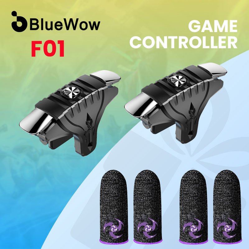 BlueWow F01 1 คู่ PUBG Mobile Trigger สมาร์ทโฟน Gamepad Controller Gaming Shooter + ปลอกนิ้วสําหรับเล่นเกม