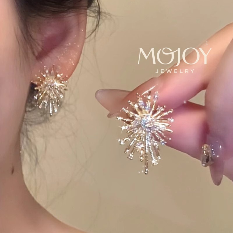 MOJOY 18K Gold Sparkling ดอกไม้ไฟต่างหู Shine ต่างหูเพชรสำหรับวันหยุดพิเศษ สร้อยคอที่เหมาะแก่การมอบเป็นของขวัญ