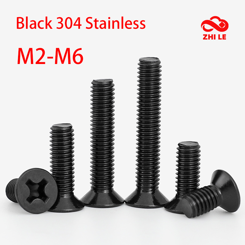 M2-M6 Phillips Countersunk หัวสลักเกลียวสีดํา 304 สแตนเลสสตีลแบนหัวสกรูชุดคอมพิวเตอร์โลหะ Bolt สกรู YB819 M2.5 M3 M4 M5