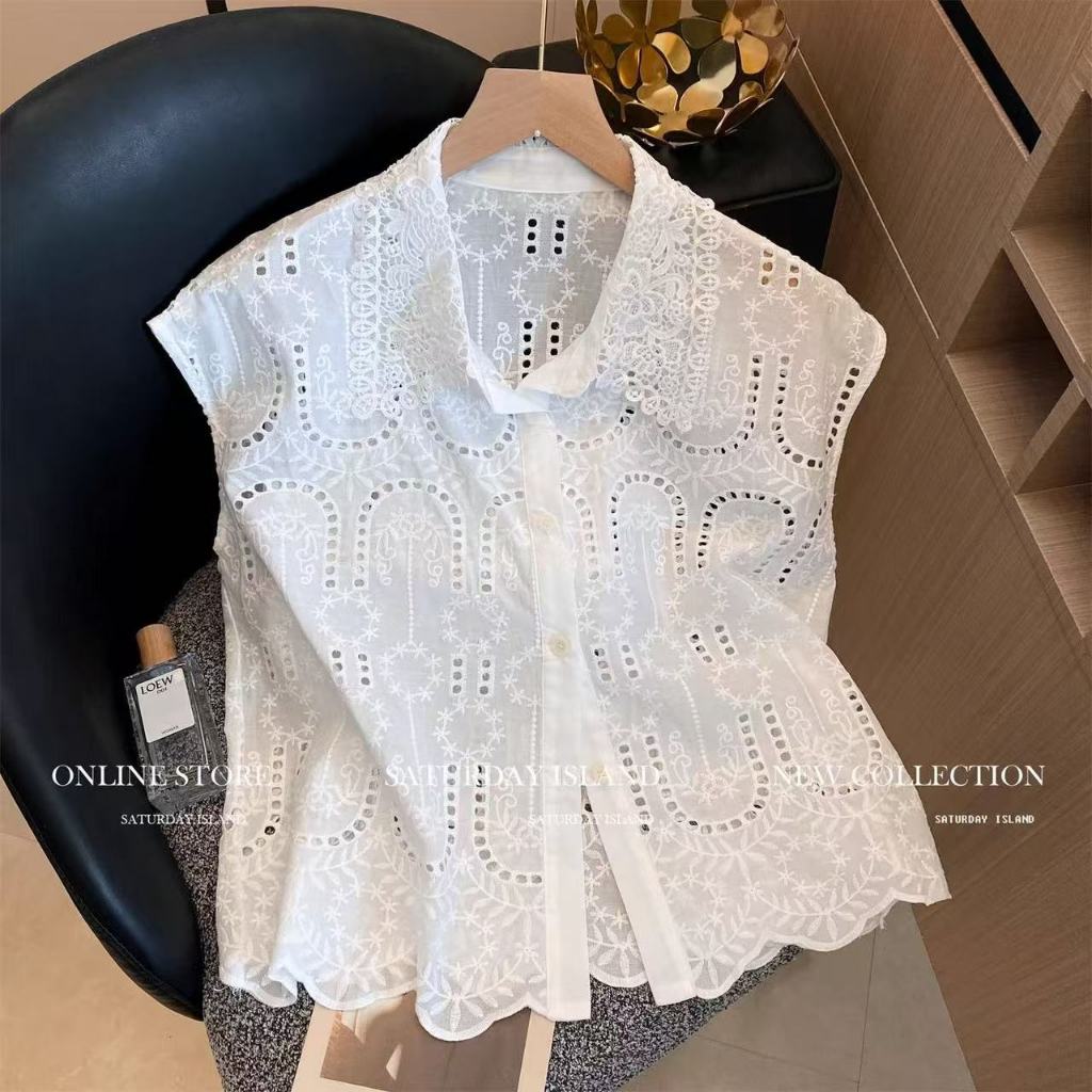 เสื้อลายลูกไม้crochet สไตล์เกาหลี แขนสั้น ทรงหลวมสำหรับผู้หญิง