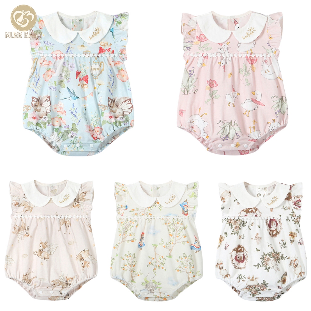 Stylish Nordic Style Romper Baby Girls Soft Cotton Jumpsuit Frill Sleeves Onesies Peter Pan Collar Bodysuit