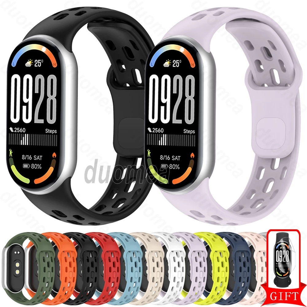 สายรัดข้อมือซิลิโคนอุปกรณ์เสริมสร้อยข้อมือแบบห่วงระบายอากาศสําหรับ Xiaomi Smart Band 10 9 8 / Mi Band 10 Ceramic Edition