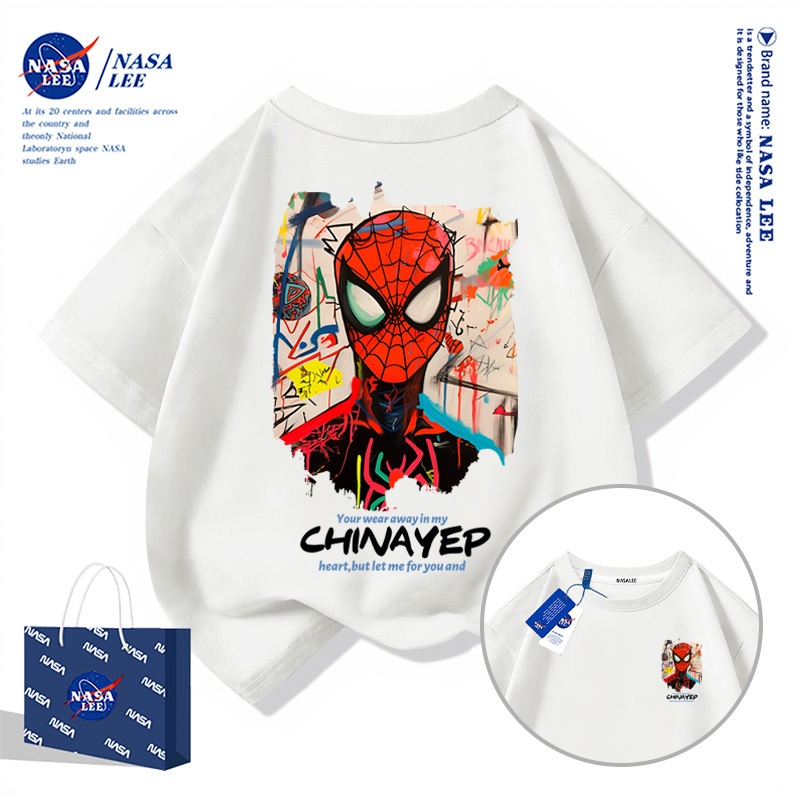 【ส่งเร็ว 48 ชั่วโมง】เสื้อยืดเด็ก NASA ผ้าฝ้ายนุ่ม ลายสไปเดอร์แมนสุดเจ๋ง ระบายอากาศดี สไตล์ไทย