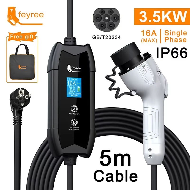 Feyree 3.5KW 16A แบบพกพา EV Charger ไฟฟ้ารถชาร์จอุปกรณ์ประเภท 2 GB/T เฟสเดียว EV ชาร์จ Wallbox Curre
