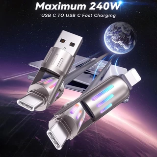 สายเคเบิลชาร์จเร็ว 4in1 สายชาร์จ Fast Charge 240w สายชาร์ประดับไฟ RGB สีสันสดใส สายยาว1.2เมตร