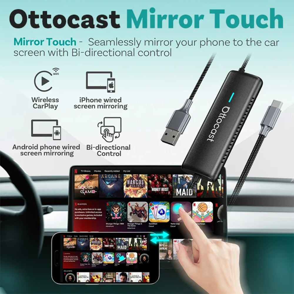 OTTOCAST Mirror Touch Wireless CarPlay อุปกรณ์ตกแต่งรถยนต์สําหรับ IOS Mirror Android Mirror Screenca