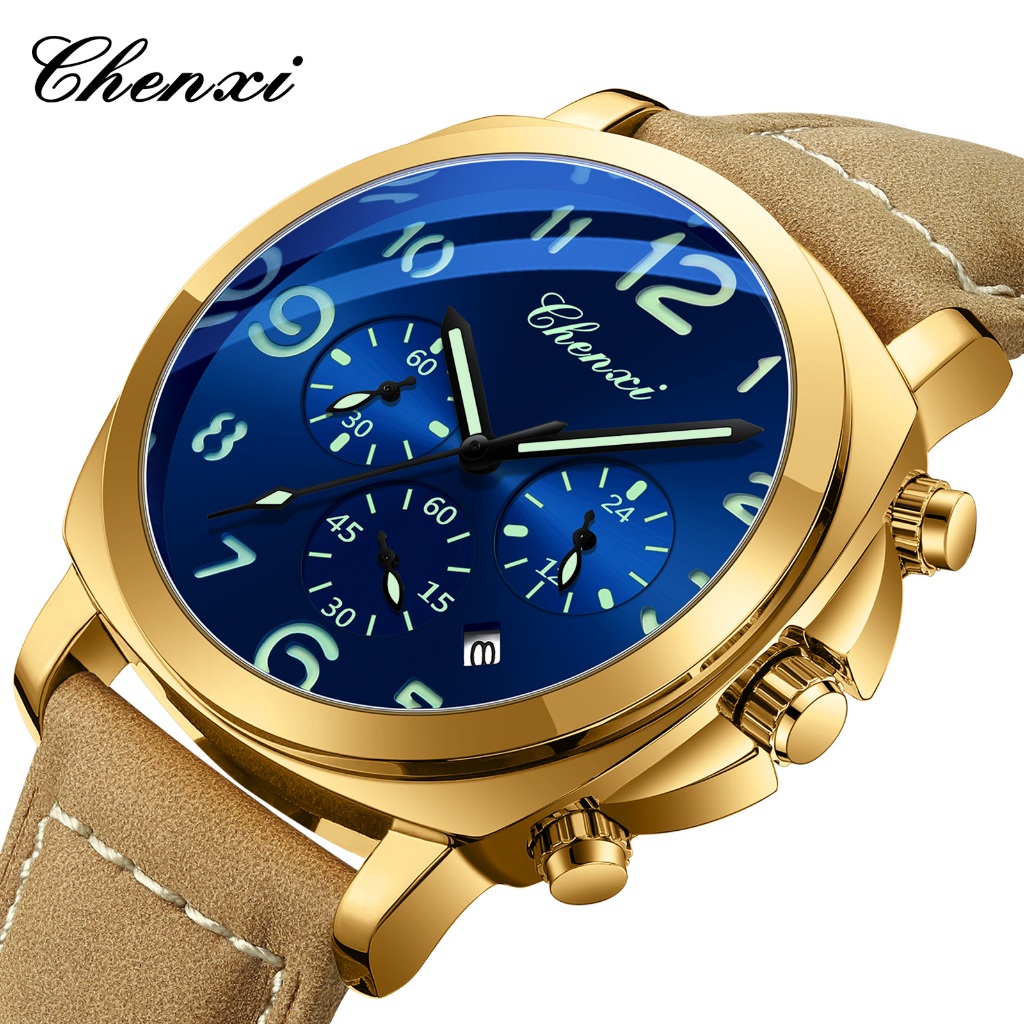 Man Watch Leather Chronograph Luminous นาฬิกากันน้ํานาฬิกาข้อมือควอตซ์ของขวัญวันพ่อ