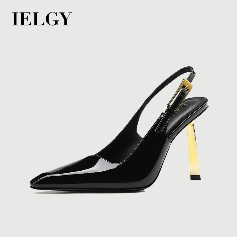 IELGY รองเท้าส้นสูงผู้หญิงทอง กริช ส้น 2025 ตัดออก สีดําชี้ นิ้วเท้า อารมณ์สิทธิบัตรหนัง นิ้วเท้า