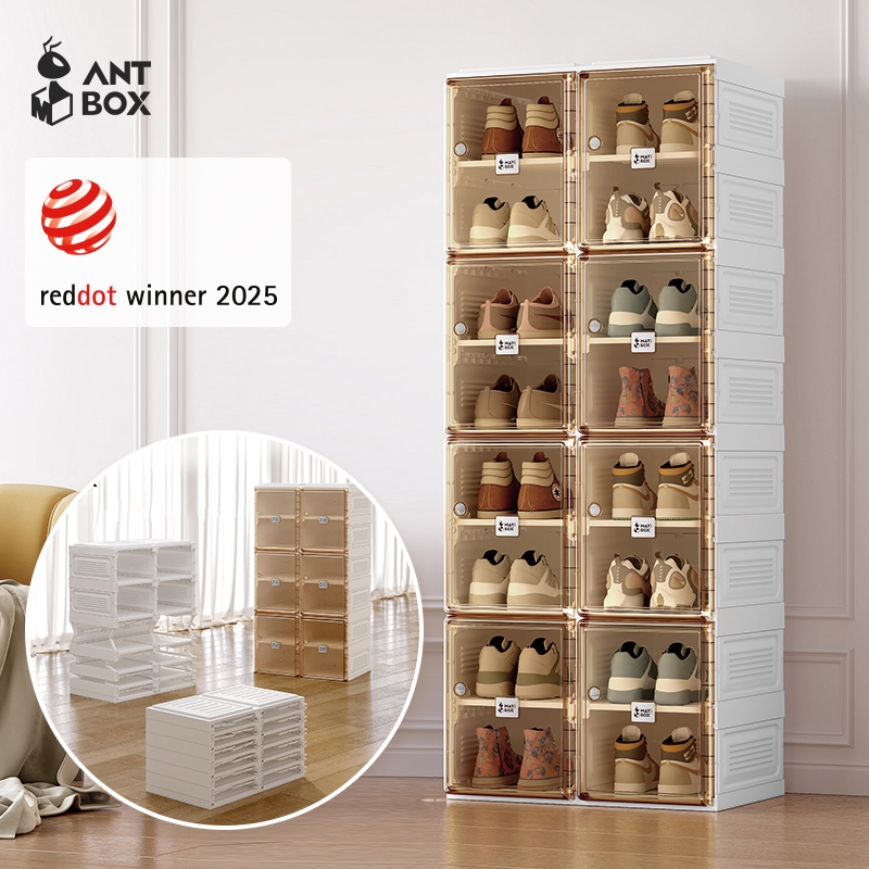 ANTBOX [พร้อมส่ง !! ] กล่องใส่รองเท้า 2 แถว ติดตั้งง่าย พับเก็บได้ มีหลายช่องเก็บ ประตูแม่เหล็ก แข็ง