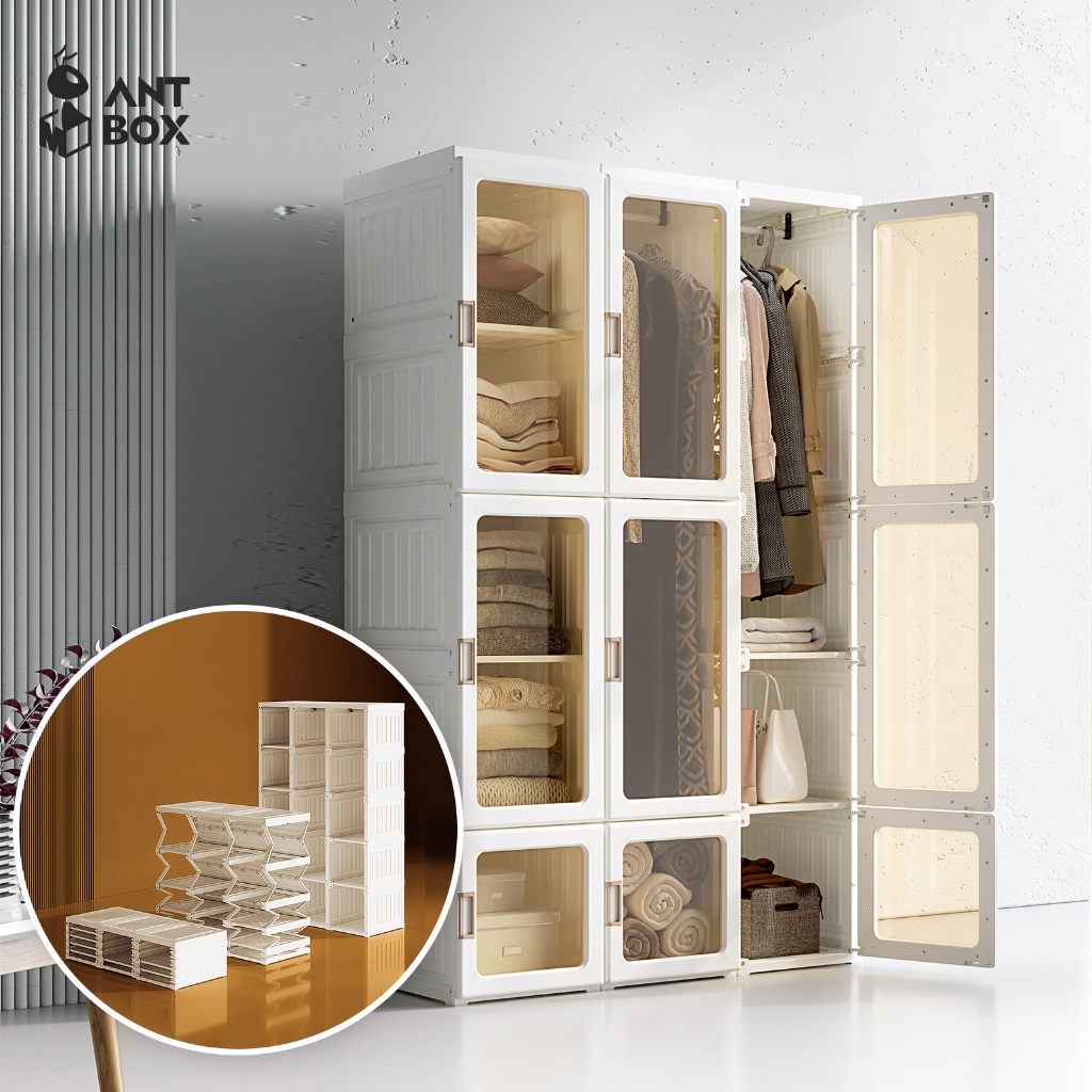 ANTBOX [พร้อมส่ง!!] ตู้เสื้อผ้า 6-10 ช่อง 1 แขวน ติดตั้งง่าย ประตูใสโปร่งแสงมองเห็นด้านในได้ สไตล์โม