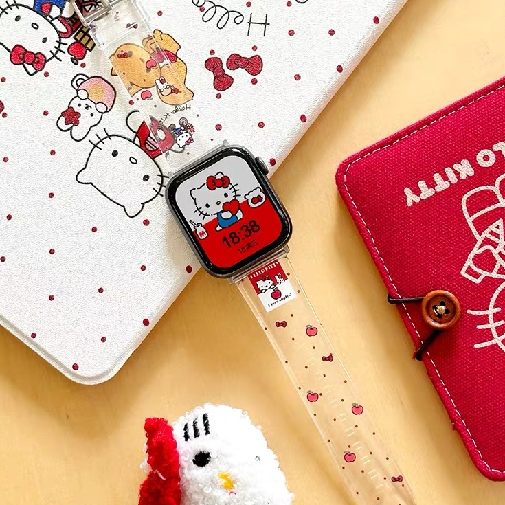 ผลไม้สีแดงเคทีแมวรูปแบบนาฬิกาสําหรับแอปเปิ้ลดูอัลตร้า8 7 49มิลลิเมตร45มิลลิเมตร40มิลลิเมตร41มิลลิเมตร44มิลลิเมตร ฉันดู ชุด กับ 6 5 4 3 2 1 ทีพียู ซิลิโคนนุ่ม