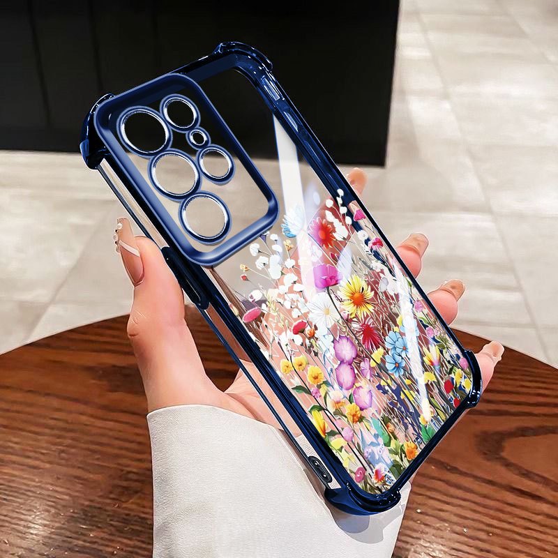 YBD Anti Fall สี่มุมสําหรับ Samsung Galaxy S25 Plus S24 Plus S23 S24 S25 Ultra S23FE S24FE S25FE 5G S24 + S23 + S25 + Clear เคสโทรศัพท์ INS สไตล์ดอกไม้ผีเสื้อสีฟ้า Cluster