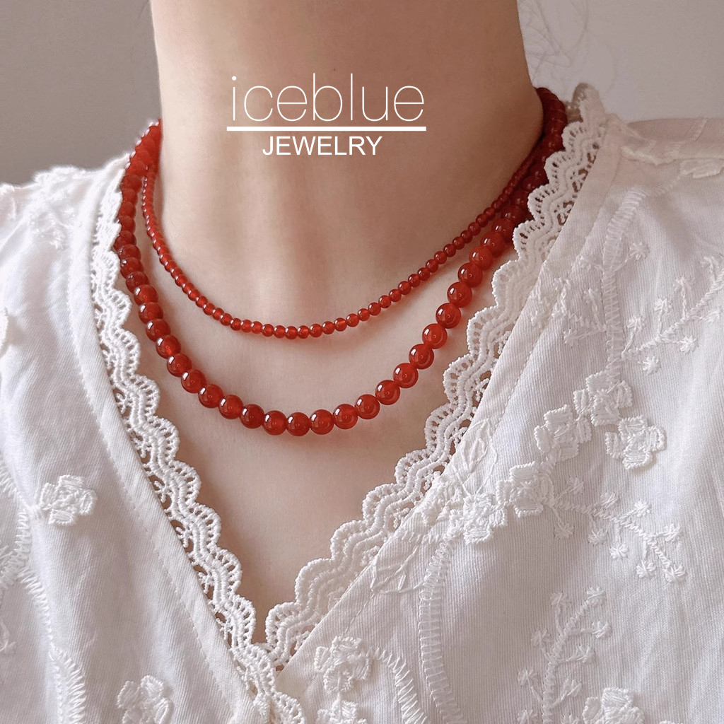 Iceblue-18K Gold Plated Red Agate Beaded Chain สร้อยคอไทเทเนียมเหล็กกันน้ํา Non Tarnish Hypoallergenic สร้อยคอผู้หญิง N114