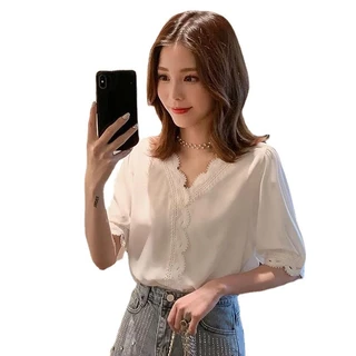 🔥ส่งไวจากไทย🔥 MSD พร้อมส่ง แฟชั่นสตรี เสื้อชีฟอง เสื้อเชิ้ตแขนสั้น สีขาว คอวี ผ้าดี