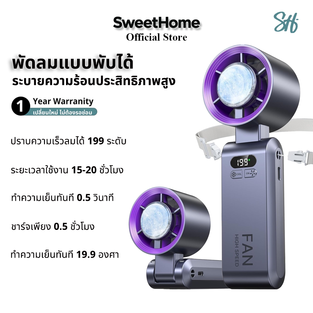SweetHome พัดลมพกพา แบตเตอรี่ 6000mAh พัดลมพับได้ 20 ชม. พร้อมฟังก์ชั่นระบายความร้อน พัดลมความเร็วสูง