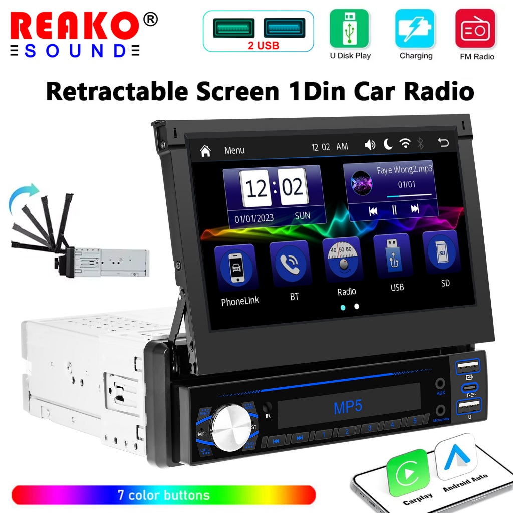 ✨2025✨7 นิ้วไร้สาย Android Auto CarPlay 1Din วิดีโอมัลติมีเดีย MP5 Player Retractable หน้าจอสัมผัสกร