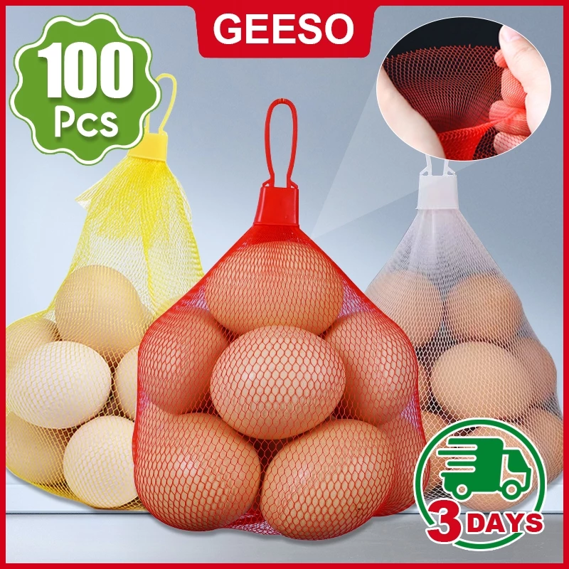 GEESO 100 ชิ้น 40cm ถุงตาข่ายบรรจุไข่ ถุงตาข่ายระบายอากาศ แพ็ค พร้อมตัวล็อค Vegetable Net Bag Fruits Food Seafood Mesh Eggs Packing Bag 鸡蛋网袋