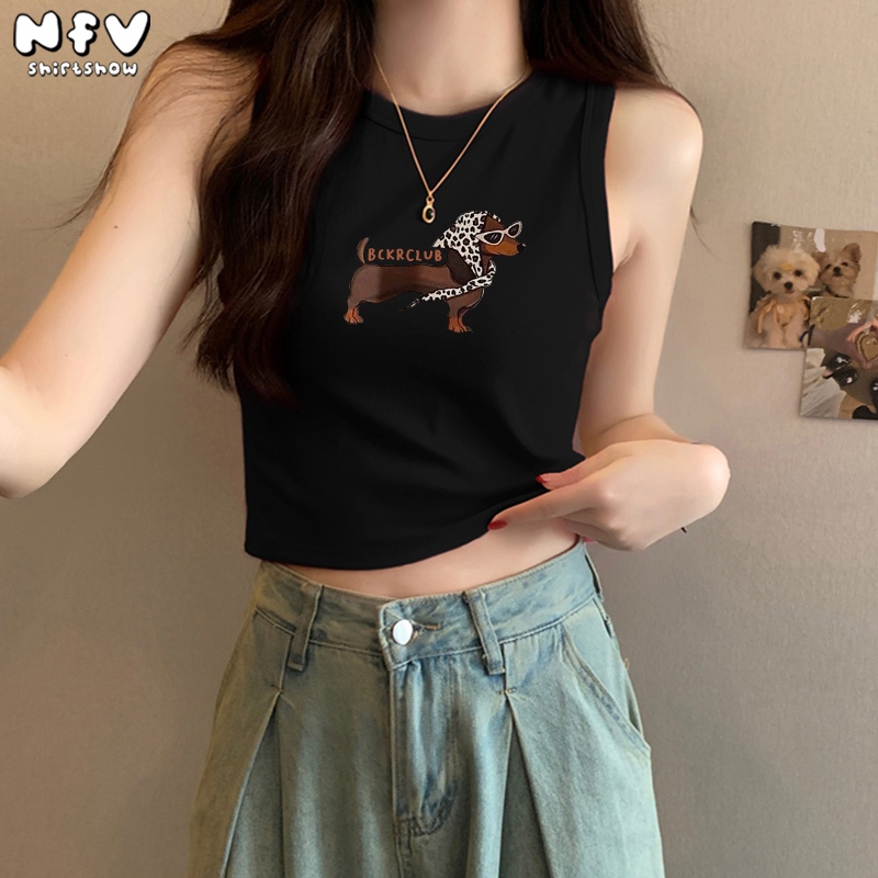 NFV เสื้อกล้ามผู้หญิง💕ลายน้องหมาดัชชุนด์น่ารัก คอกลม แฟชั่นสไตล์เกาหลี เซ็กซี่ ยืดหยุ่น ใส่สบาย เข้ารูป ช่วยให้ดูผอม ผู้หญิง สายเดี่ยว YG1804 - รูปที่ 3