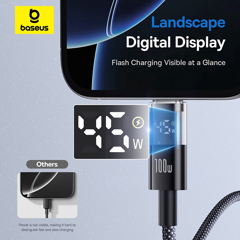 Baseus 100W USB-C ถึง Type-C จอแสดงผลดิจิตอล Fast Charging สายเคเบิลข้อมูลไนลอนพร้อมพอร์ตโปร่งใส Deisgn สําหรับโทรศัพท์ 15 16 Pro Max Series แล็ปท็อป - รูปที่ 2