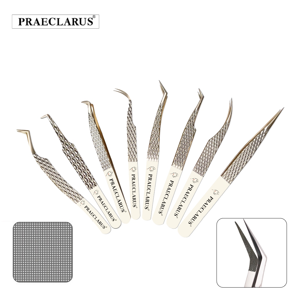 Praeclarus แหนบสแตนเลส Fibrous Design & Diamond Grip รูปแบบบน Tip Precision ป้องกันการกัดกร่อนป้องกันกรด Professional สําหรับ Eyelash Extension Tweezer เครื่องมือ