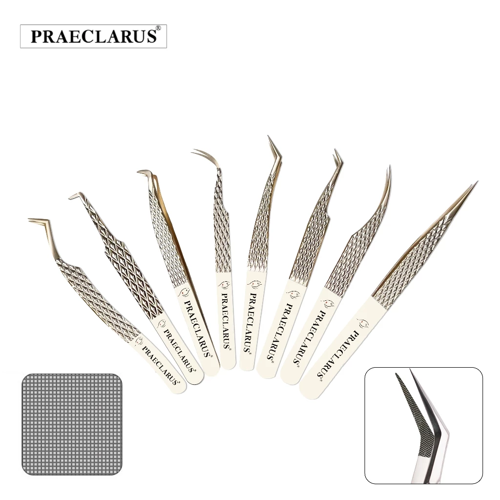 Praeclarus แหนบสแตนเลส Fibrous Design & Diamond Grip รูปแบบบน Tip Precision ป้องกันการกัดกร่อนป้องกันกรด Professional สําหรับ Eyelash Extension Tweezer เครื่องมือ