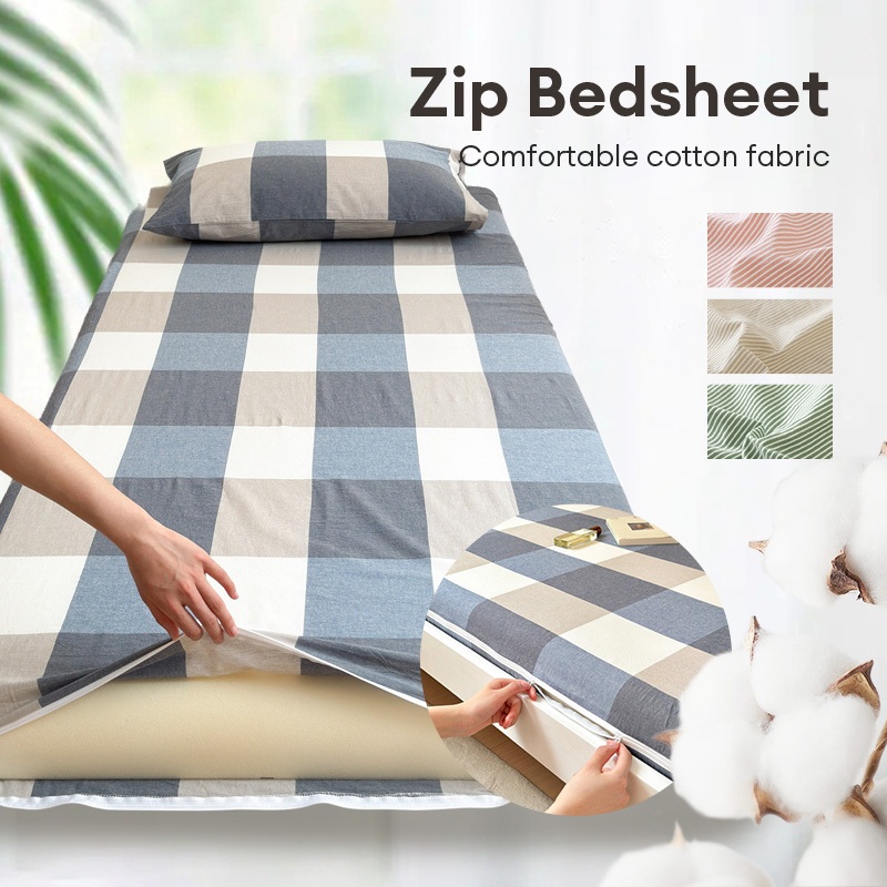 ซิปที่นอน Protector ลายสก็อต ผ้าปูที่นอน 3.9นิ้ว cotton 100% ผ้าปู 5 ฟุต 3ฟุต ปลอกที่นอน queen king zip bedsheet สีเทาเข้ม 6ฟุต 床垫套