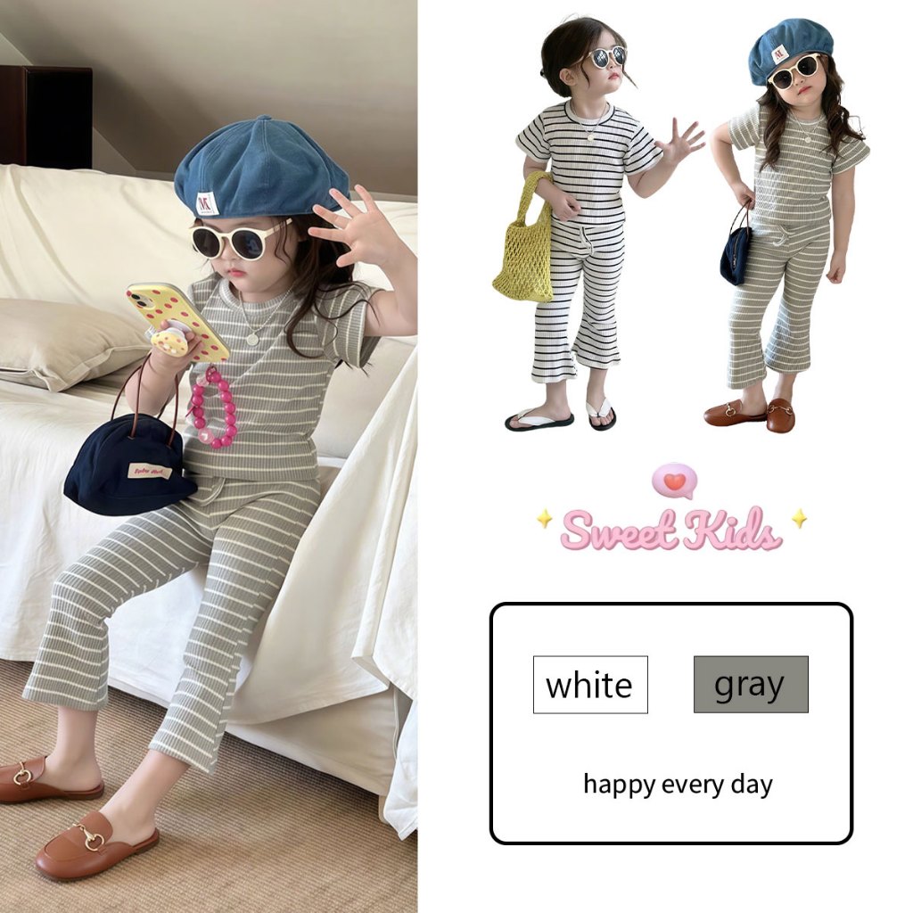 SweetKids พร้อมส่งจากกทม🌸ชุดเด็กผู้หญิงแฟชั่น🍓ชุดสองชิ้นเด็กหญิง ลำลอง ฤดูร้อน แฟชั่น ใส่สบาย ผ้านิ่ม แขนสั้น+กางเกงลายทาง