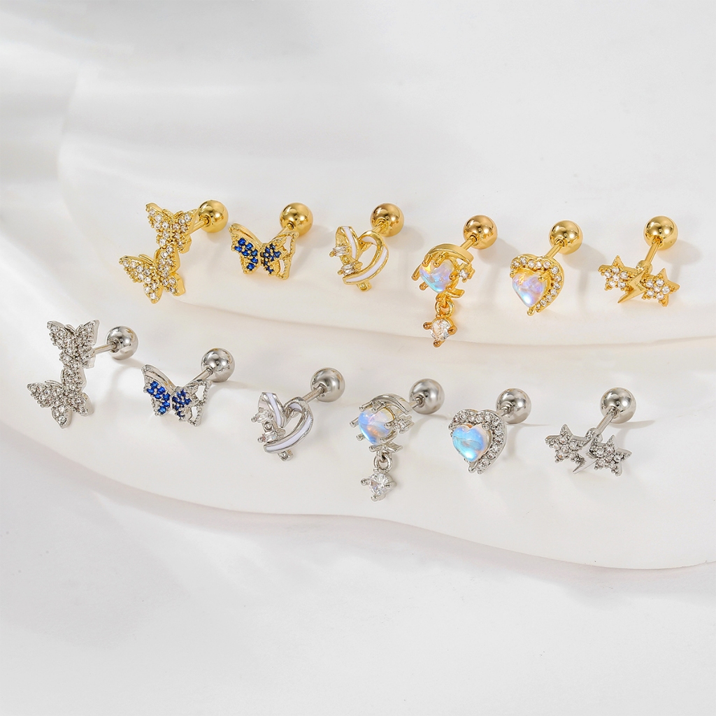 1 ชิ้น ต่างหูเหล็กไทเทเนียม พลอยหลากสี ออกแบบหัวใจและผีเสื้อ เครื่องประดับสวยงามสำหรับของขวัญ