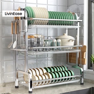 LivinEase 56cm Dish Rack Stainless Steel With Water Tray Dish Drainer Rack Kitchen Rack Storage Rack