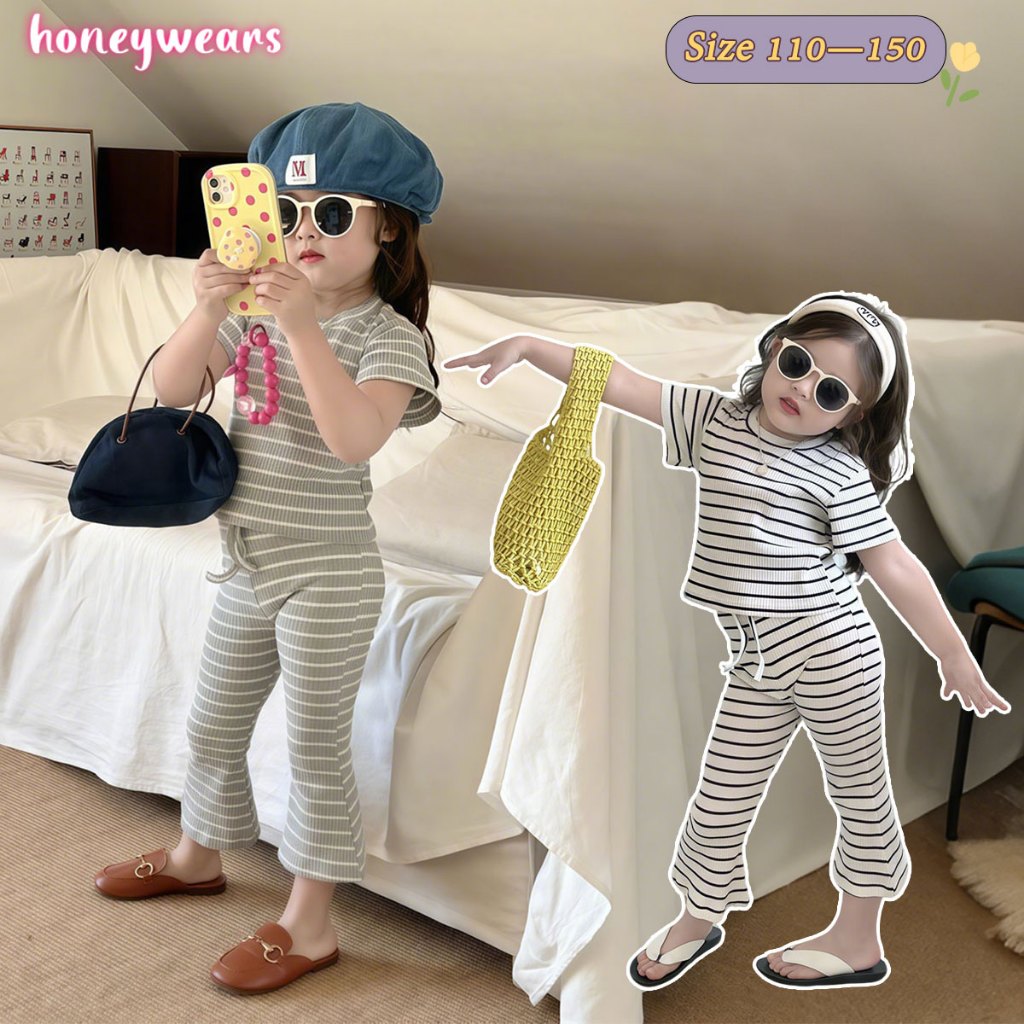 honeywears⚡️พร้อมส่ง⚡️ชุดเซทเด็กผู้หญฺิง เสื้อคอกลม+กางเกงขายาว ผ้าใส่เย็นสบาย สไตล์เกาหลี แฟชั่น ยืดหยุ่นสูง ไซส์ 110-150