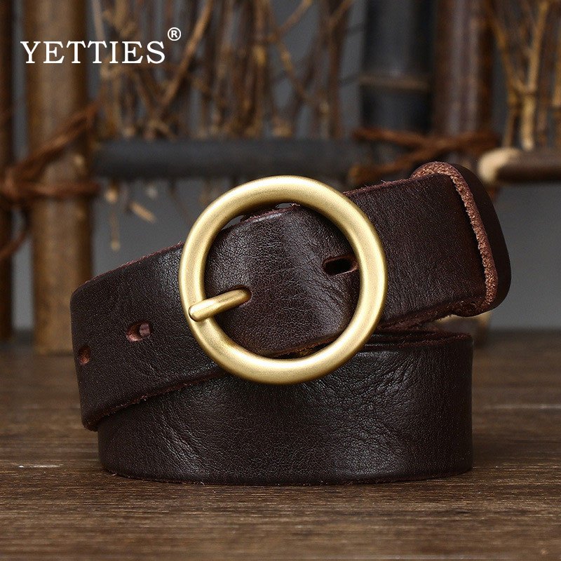 3.0 ซม.Unisex เข็มขัดหนังแท้ Designer ทองเหลืองรอบหัวเข็มขัดเข็มขัด Cowskin Vintage สายชายกางเกงยีนส์สําหรับผู้หญิง