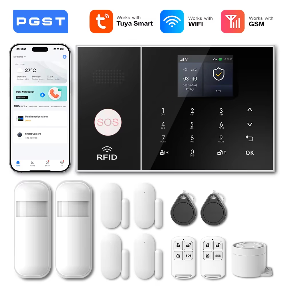 PGST Tuya WiFi GSM ระบบสัญญาณเตือน Smart Life APP ระบบสัญญาณกันขโมยพร้อมเครื่องตรวจจับการเคลื่อนไหวประตูและหน้าต่างเซ็นเซอร์ไร้สายไซเรน Alexa