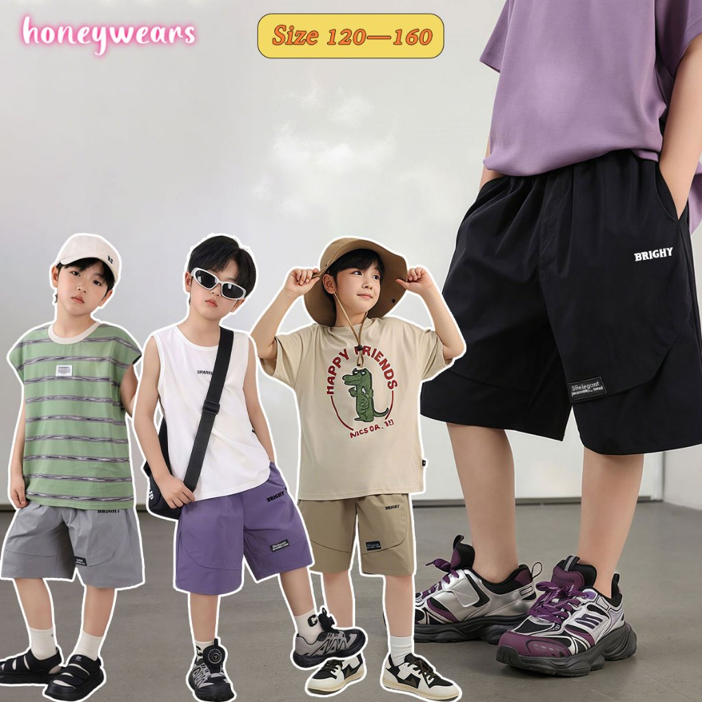 honeywears⚡️พร้อมส่ง⚡️กางเกงขาสั้นเด็ก กางเกงลำลองเด็กชาย ยอดนิยม แฟชั่นและหล่อ เอวยางยืด แห้งเร็ว ฤดูร้อน รุ่นใหม่ ไซส์ 120-160
