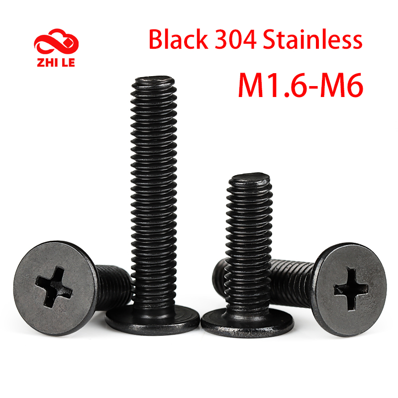 M1.6-M6 Cross Ultra Thin Flat Wafer สกรู Phillips หัวสลักเกลียวสีดํา 304 สกรูสแตนเลสชุดคอมพิวเตอร์โลหะ Bolt M2 M2.5 M3 M4 M5