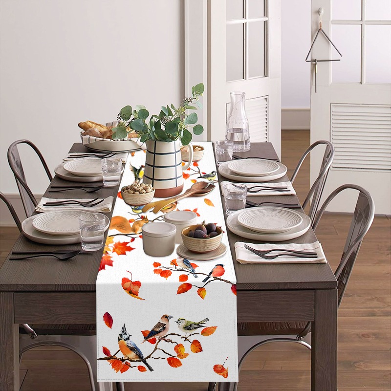 ผ้าลินินธงตารางนก Orange Maple Leaf 33120.43183.ตกแต่งธรรมชาติ ผ้าปูโต๊ะในครัว