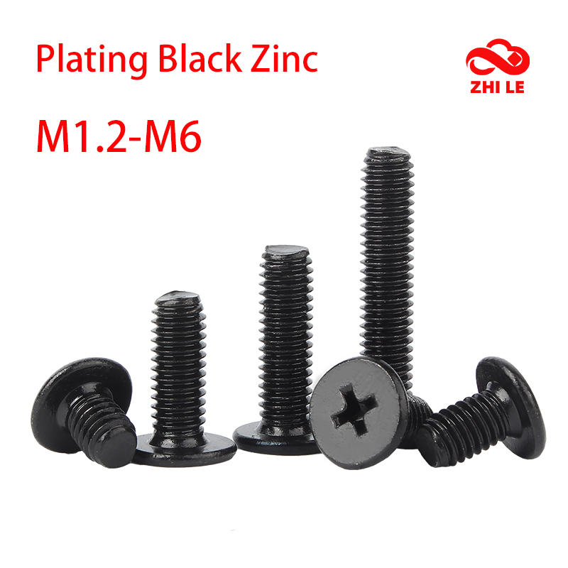 M1.2-M6 Cross Ultra Thin Flat Wafer Screw Phillips Head Bolts ชุบสกรูสังกะสีสีดําชุดคอมพิวเตอร์โลหะ Bolt M1.4 M1.6 M2 M2.5 M3 M5