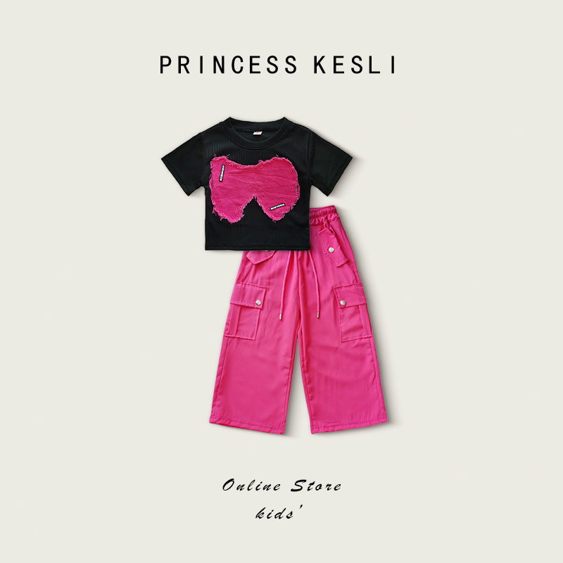 Princess kesli ชุดเซ็ตแฟชั่นเด็กผู้หญิง เสื้อแขนสั้น กางเกงคาร์โก้ขายาว เอวยางยื