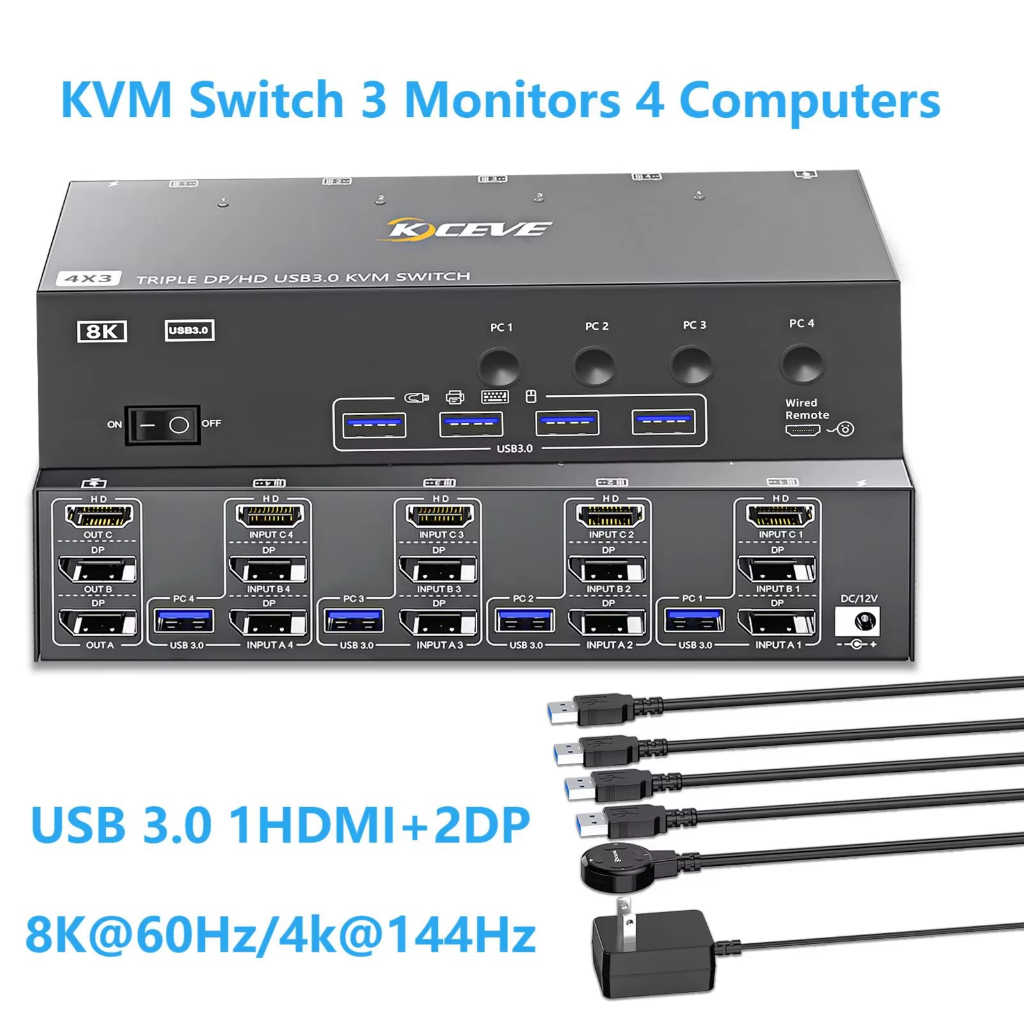 KVM Switch 3 จอภาพ 4/3 คอมพิวเตอร์ HDMI+Port, KCEVE USB3.0 8K@60Hz/4k@144Hz KVM สําหรับ 3/4 PC Share 3 จอแสดงผล 4 USB 3.0