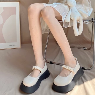 🎀จัดส่งด่วน🎀ถุงน่องปักลายสำหรับสำนักงานและนักเรียน ออกแบบด้วยโบว์ ลายจุด และหัวใจ สีดำและสีขาว