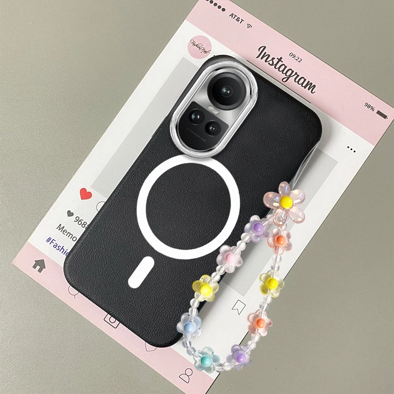 สําหรับ OPPO Reno 10 5G Reno 10 Pro 5G พื้นผิวหนังกันกระแทกเคสโทรศัพท์ความงามแหวนแม่เหล็กออกแบบใหม่ TPU soft case และฟรีเชือกเส้นเล็กคริสตัล