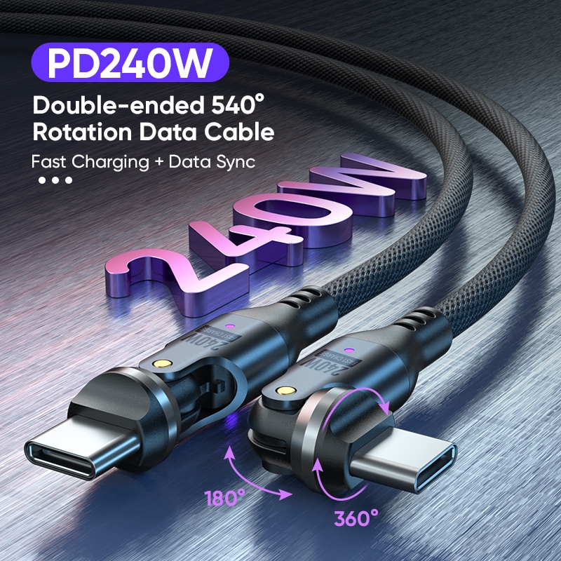 ใหม่ ดับเบิ้ล 180°/540° สายเคเบิลงอ, 240W PD3.1, การถ่ายโอนข้อมูลการชาร์จอย่างรวดเร็ว Type-C ถึง Type-C