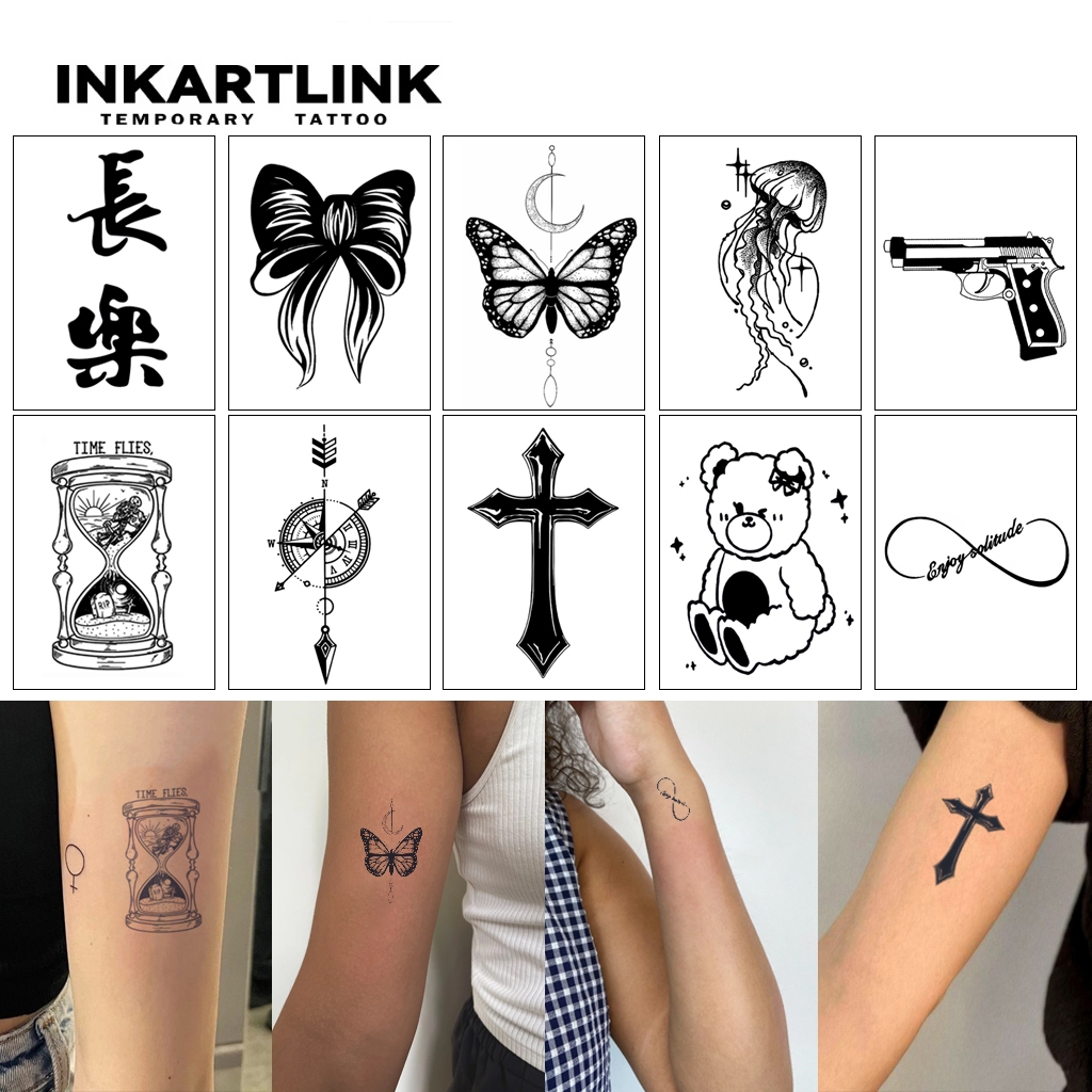 INKARTLINK MAGIC TATTOO ยาวนานถึง 2 สัปดาห์สติ๊กเกอร์รอยสักกันน้ำติดทนนานชั่วคราวสักปลอมรอยสักเล็กๆน่ารัก Minimalist ผีเสื้อสาวแองเจิลแมว Dragon CROSS หน้ายิ้ม TRIBAL Anime Zodiac Sign สมุนไพร Henna TATTOO