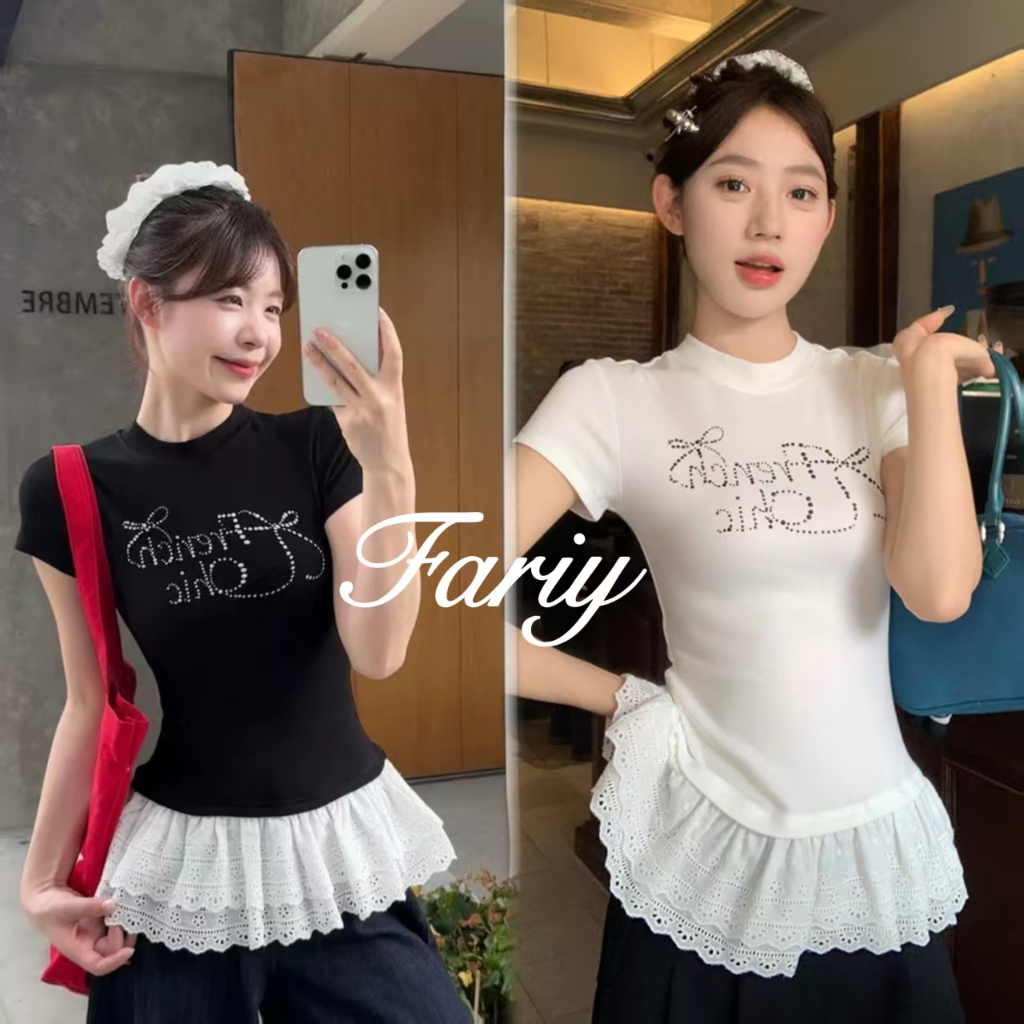 Fariy🍒 เสื้อยืดแขนสั้น แต่งลูกไม้ ลายหน้าอก ทรงสลิมฟิต