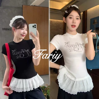 Fariy🍒มีสินค้า🍒 เสื้อยืดเเขนสั้น เสื้อยืดแต่งชายลูกไม้ เเต่วเพชรหน้าอก ไหล่ตรง งานลูกไม้ ทรงสลิฟฟิต